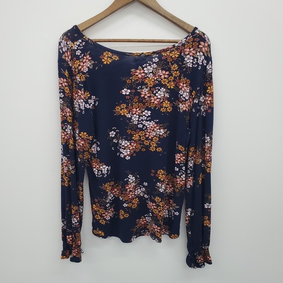 Womens L Navy Floral Long Sleeve Boho Knit Top With Ruffle Cuffs Casual Wear - Picture 4 of 13